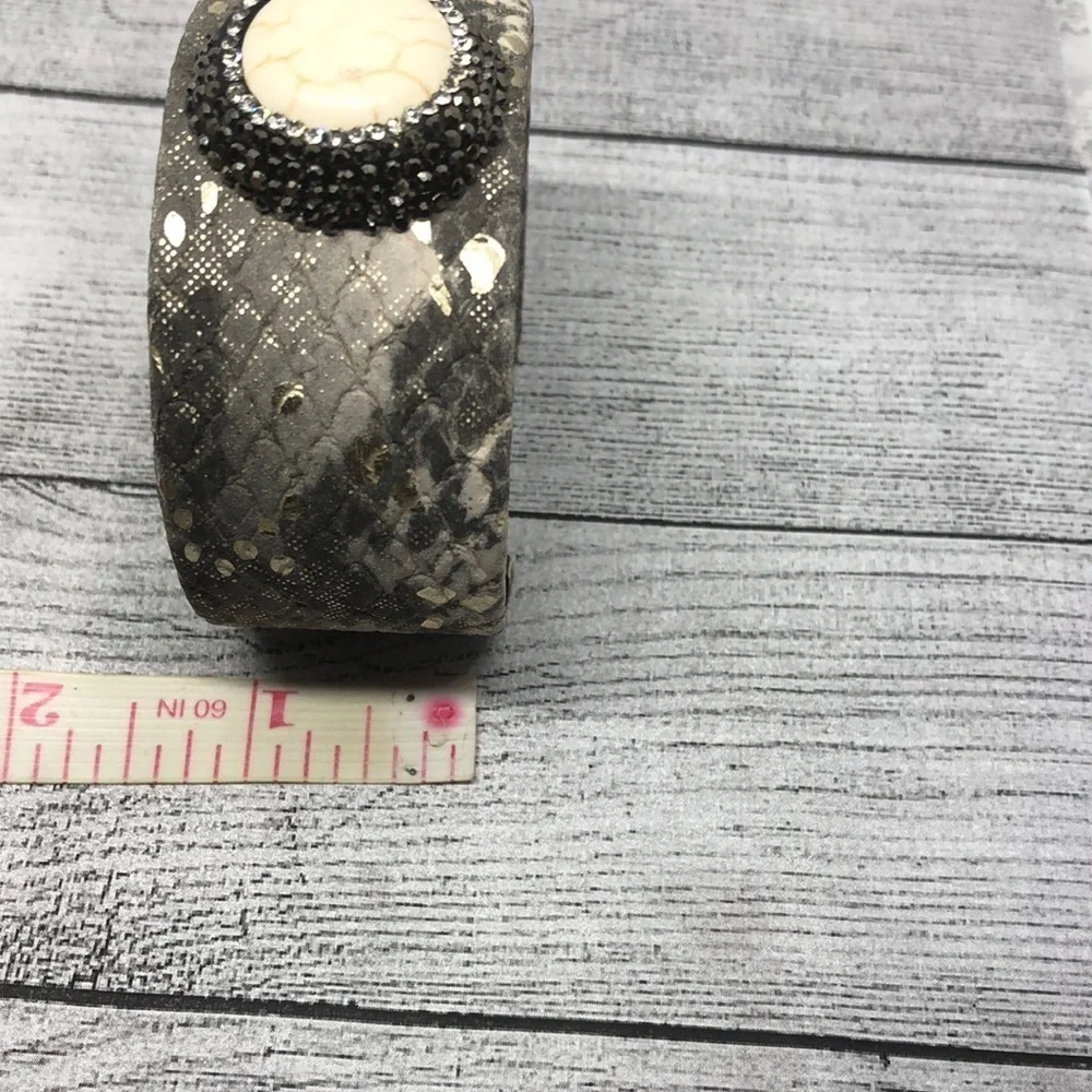 Snakeskin textured faux leather dressy statement cuff bracelet with stone
